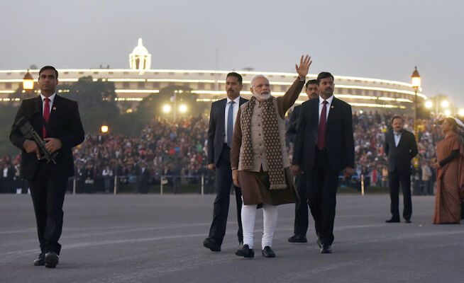 The Prime Minister, Shri Narendra Modi at the Beating Retreat ceremony, at Vijay Chowk, in New Delhi on January 29, 2018.
