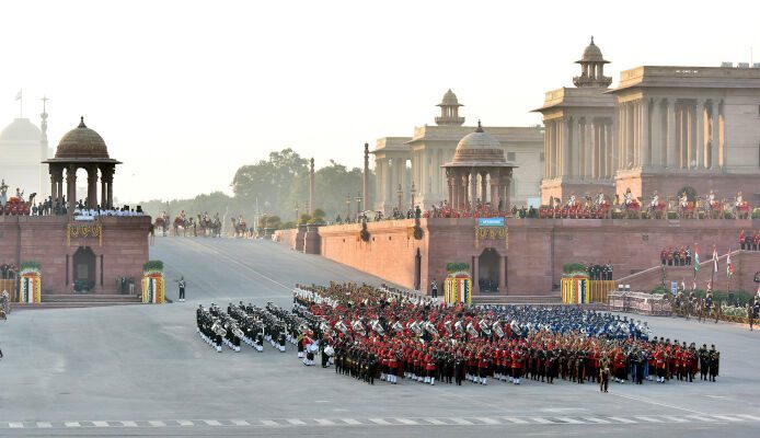 The Band performing at the Beating Retreat ceremony, at Vijay Chowk, in New Delhi on January 29, 2018.